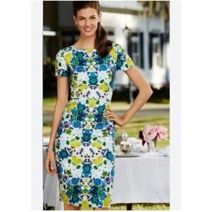 Talbots Floral Linen Blend Sheath Dress Short Sleeve Summer Midi Sz 10